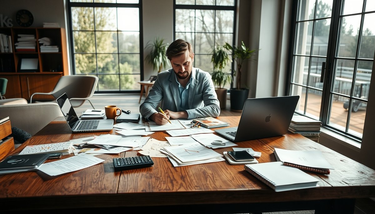 Emprendedor profesional trabajando en planificación financiera con gráficos y documentos en oficina moderna