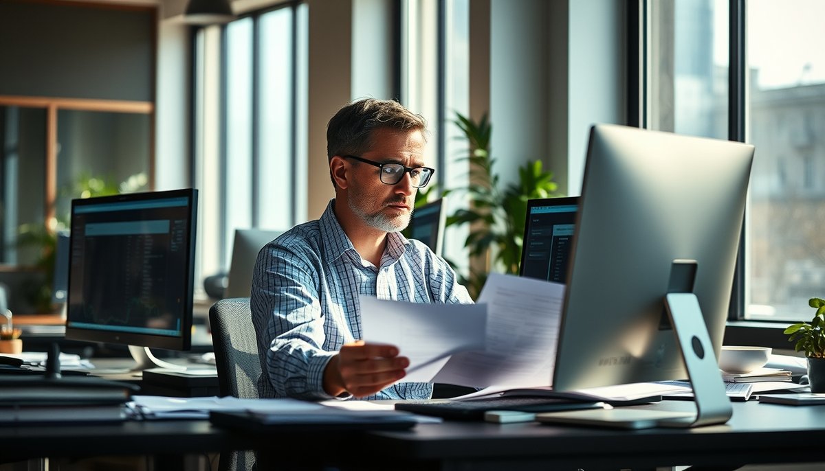 CFO profesional trabajando en oficina moderna de startup analizando documentos financieros