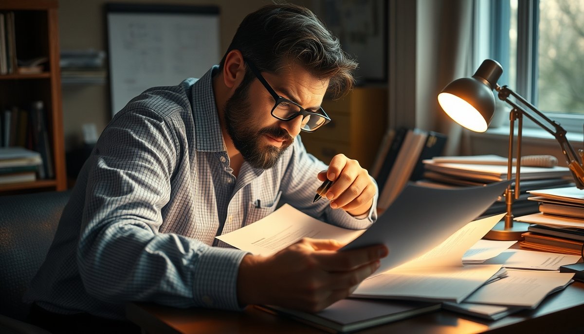 Fundador de startup estudiando documentos legales con lupa y fórmulas de suscripción