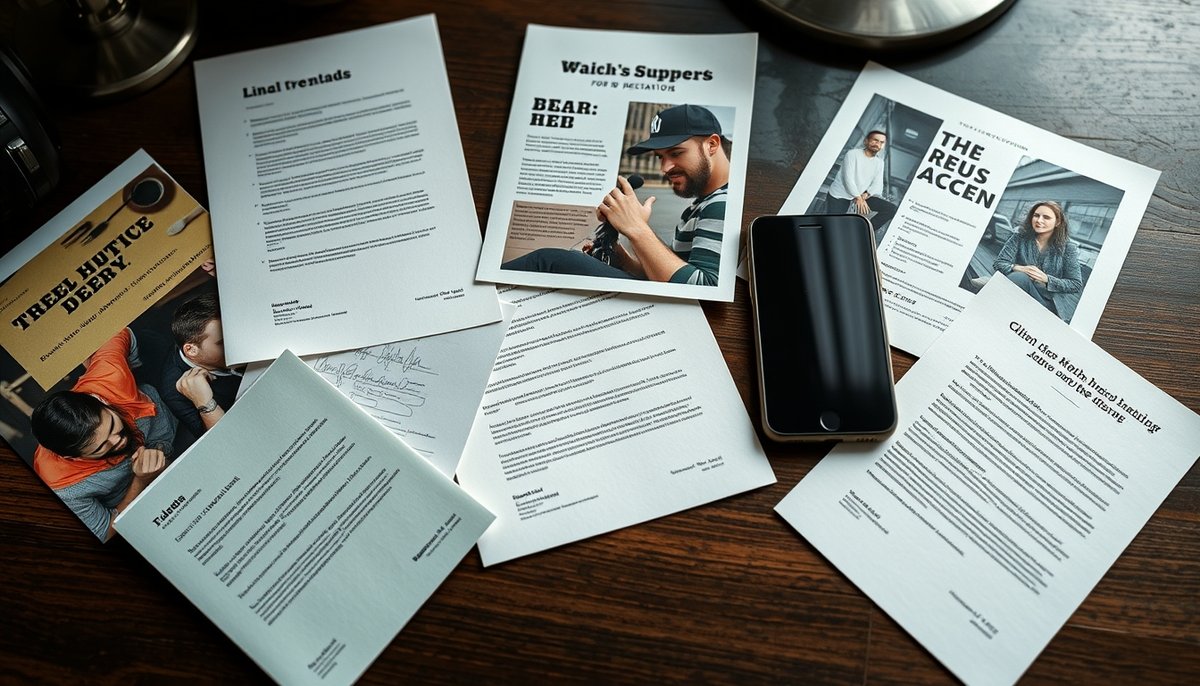 Materiales impresos mostrando mismo logo en diferentes tamaños sobre escritorio