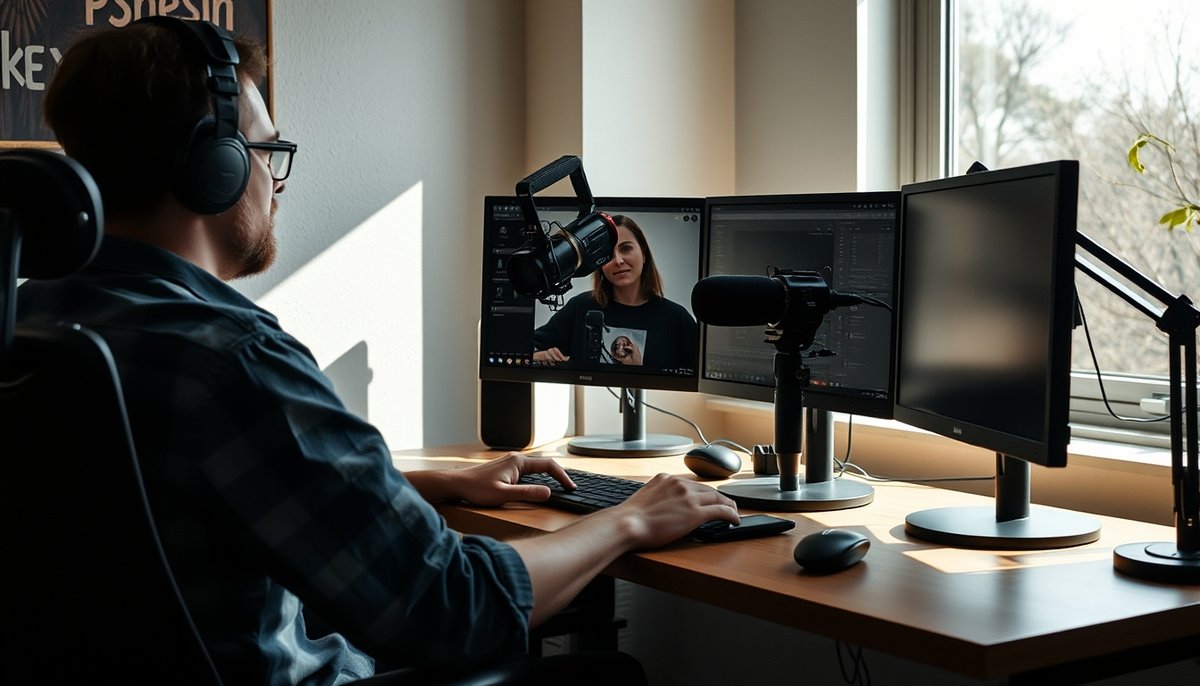 Creador de contenido usando generadores de video con IA en estudio profesional