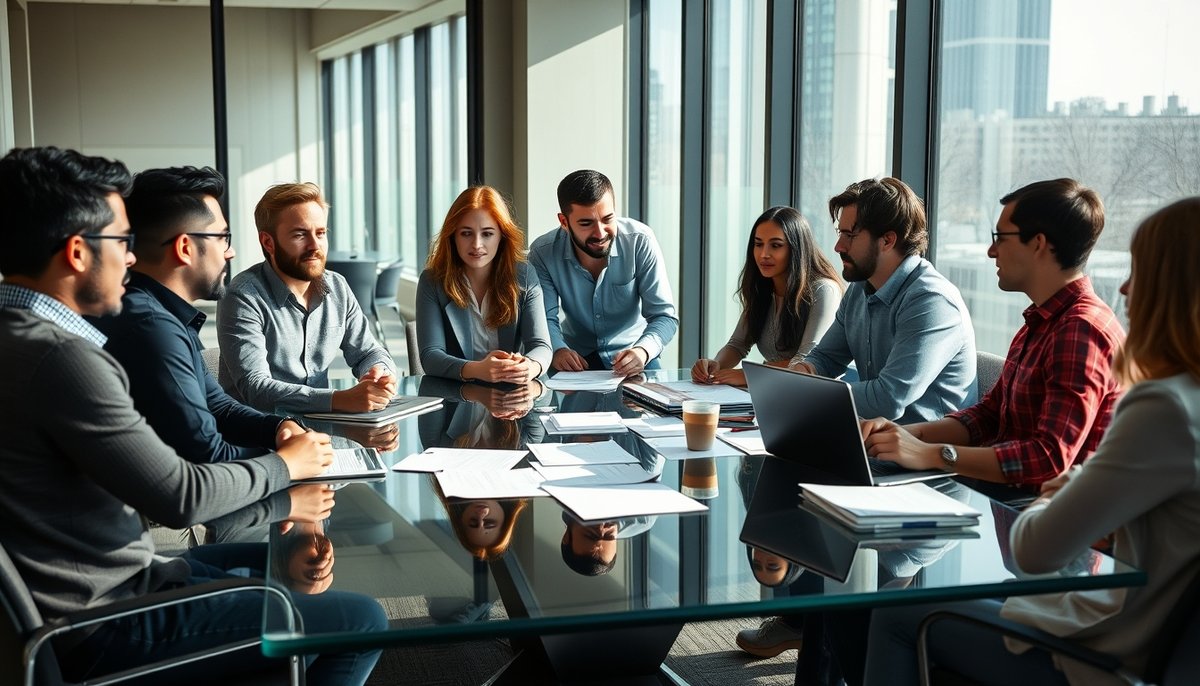 Fundadores de startup en reunión discutiendo reparto de acciones en sala de conferencias
