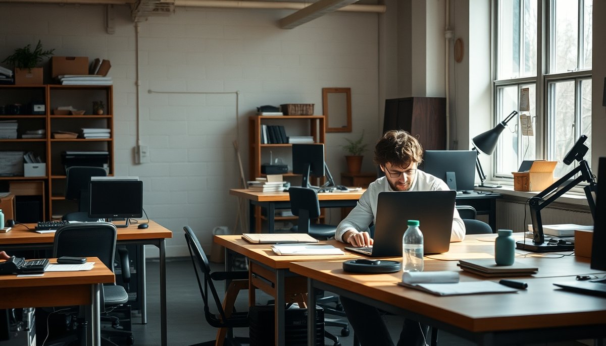 Oficina startup fase inicial fundador trabajando con recursos limitados