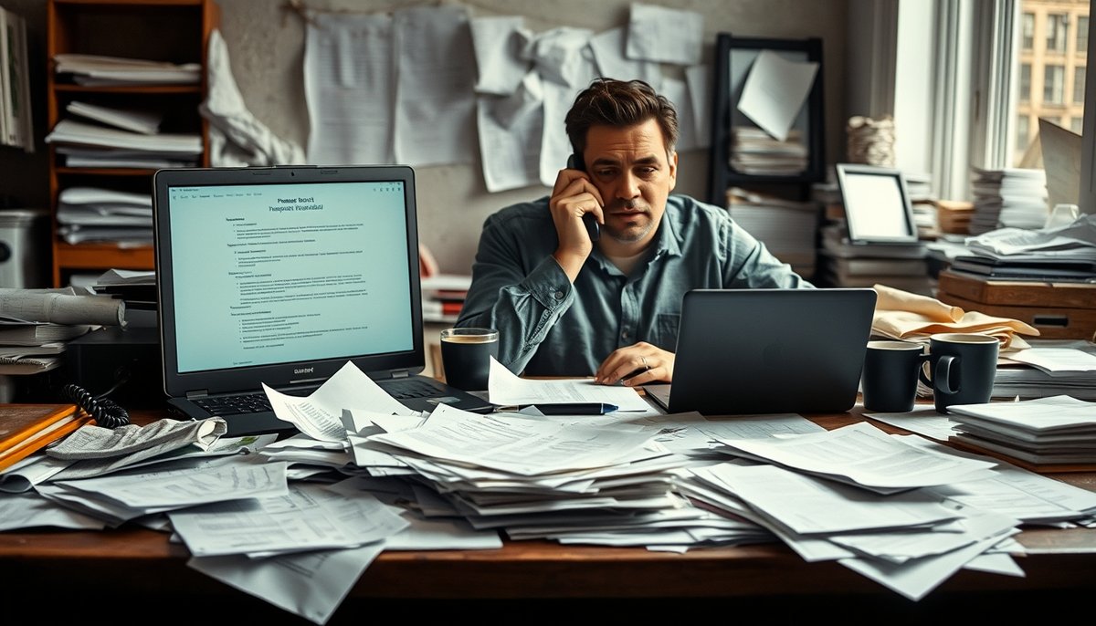 Representación de errores típicos durante el proceso de financiación incluyendo mala organización y expectativas poco realistas Errores comunes en financiación de startups: documentos desordenados y valoraciones irreales