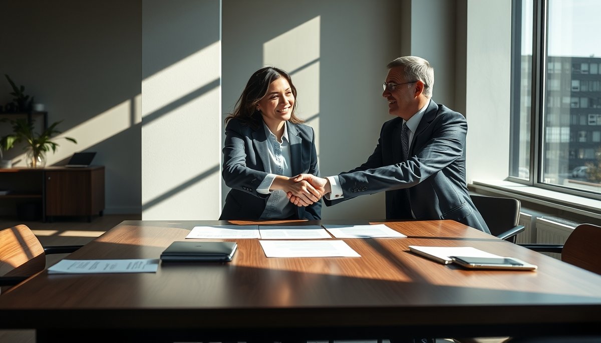 Apretón de manos entre fundador startup e inversor cerrando acuerdo de financiación