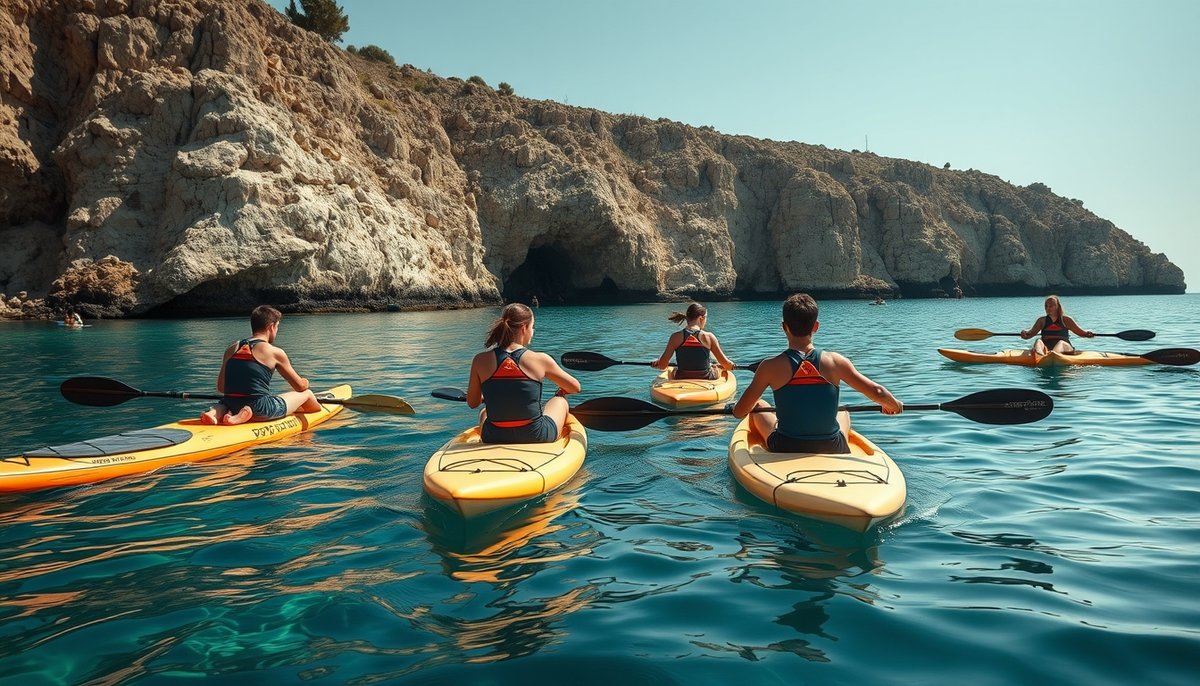 Grupo de jóvenes en kayaks y paddle surf explorando la costa de Tabarca