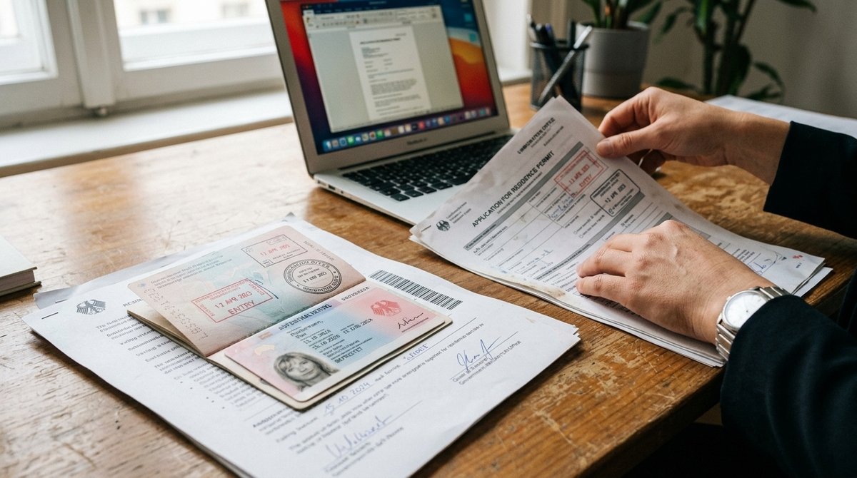 Documentos oficiales de inmigración española organizados en escritorio: TIE, NIE y permisos de residencia con sellos oficiales Documentos de extranjería españoles: tarjetas TIE, certificados NIE y permisos de residencia