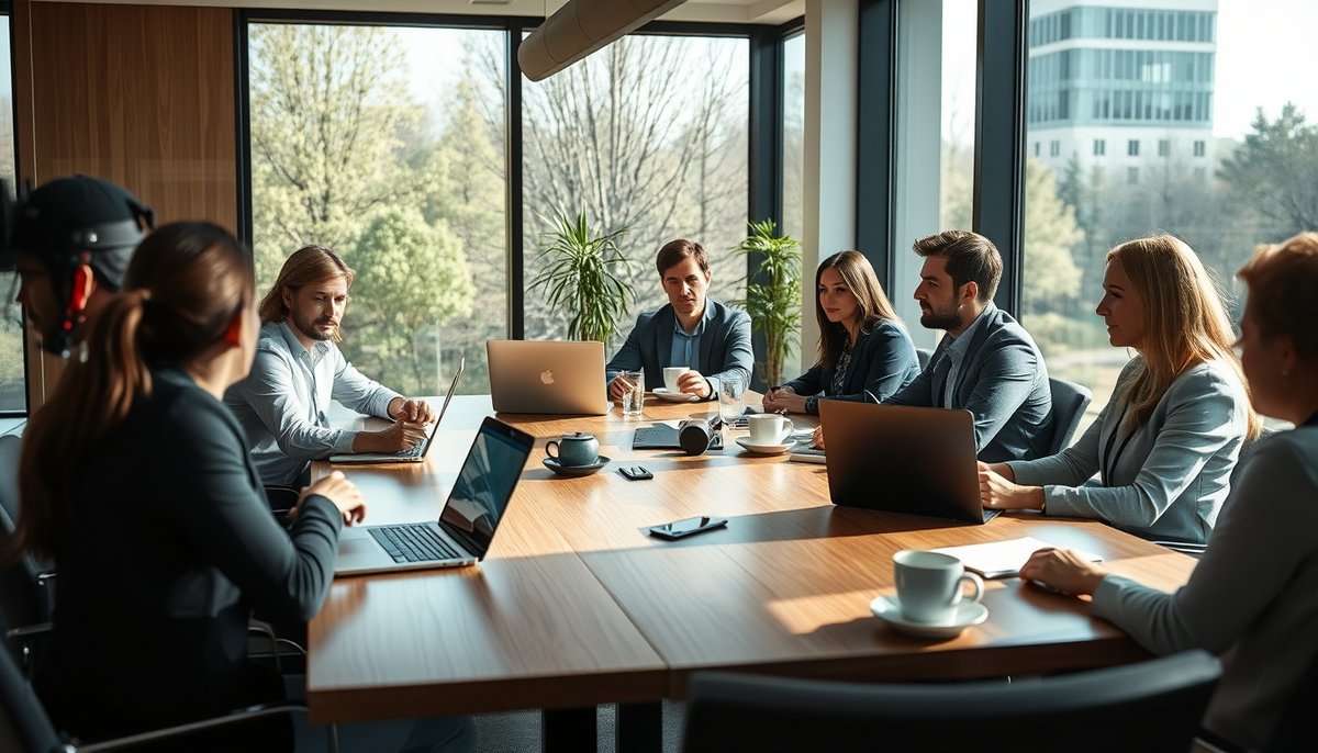 Reunión de financiación startup con inversores revisando documentos financieros en oficina moderna