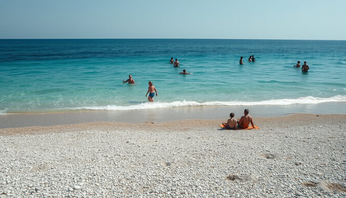 Playa Central de Tabarca en temporada media con ambiente tranquilo, familias disfrutando del agua cristalina Playa Central Tabarca temporada baja familias agua cristalina arena tranquilo