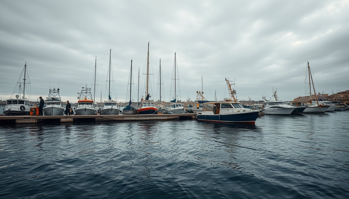 Puerto de Santa Pola en invierno con barco hacia Tabarca amarrado en el muelle
