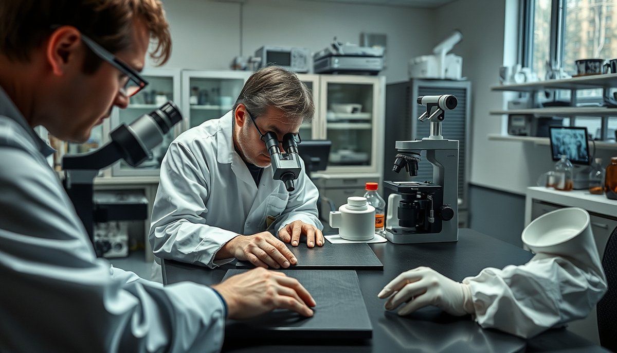 Laboratorio I+D materiales carbono composite con científicos examinando muestras