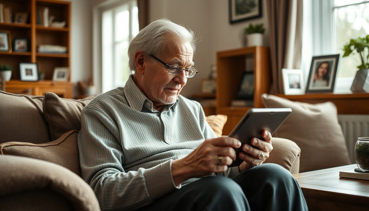 Persona mayor usando comandos de voz en tablet para navegación web accesible