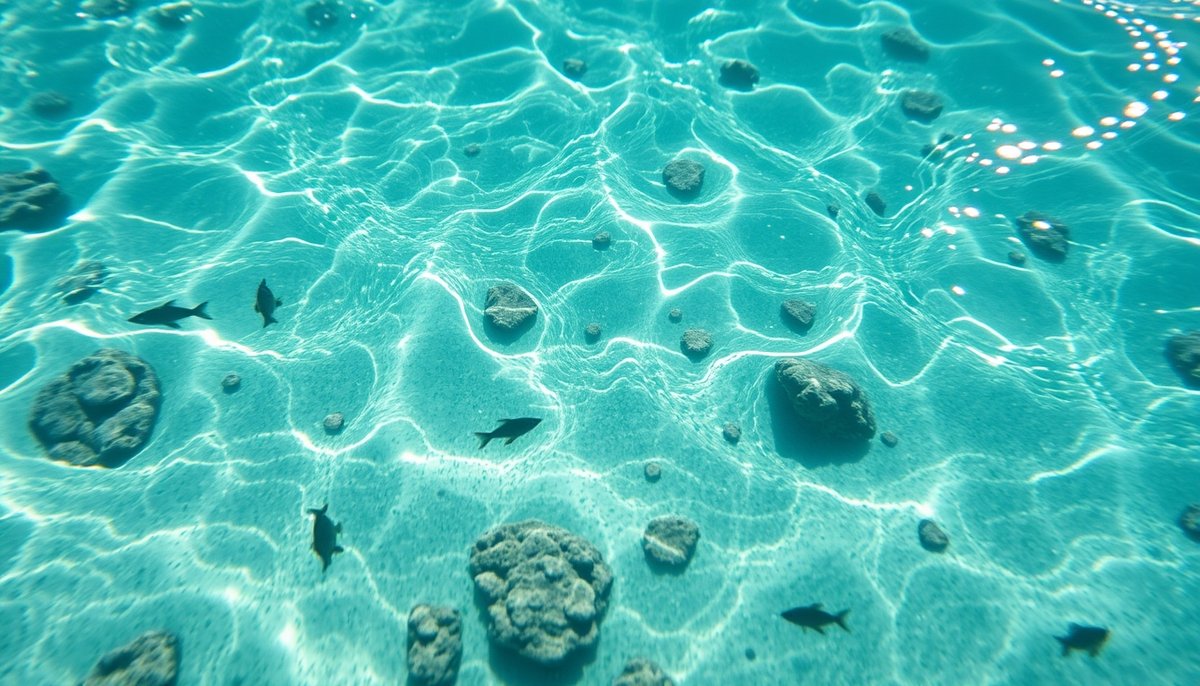 Primer plano del agua cristalina de Tabarca mostrando la increíble transparencia con peces nadando en aguas turquesas Agua cristalina transparente Tabarca con peces nadando fondo arenoso turquesa
