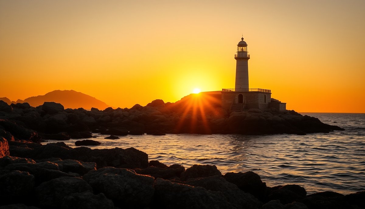 Atardecer dorado en Tabarca con faro del siglo XIX y reflejos en el mar