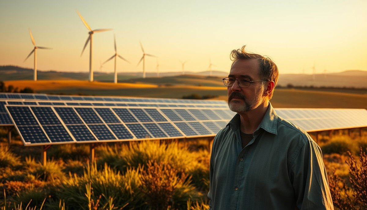 Emprendedor revisando proyecto de energías renovables con paneles solares y aerogeneradores