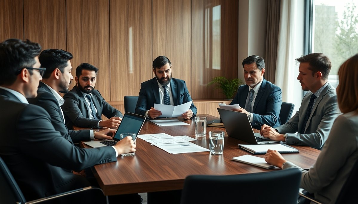 Negociación de alta importancia entre emprendedores y potenciales inversores durante proceso de financiación de startup Reunión formal entre fundadores de startup e inversores en sala de juntas profesional