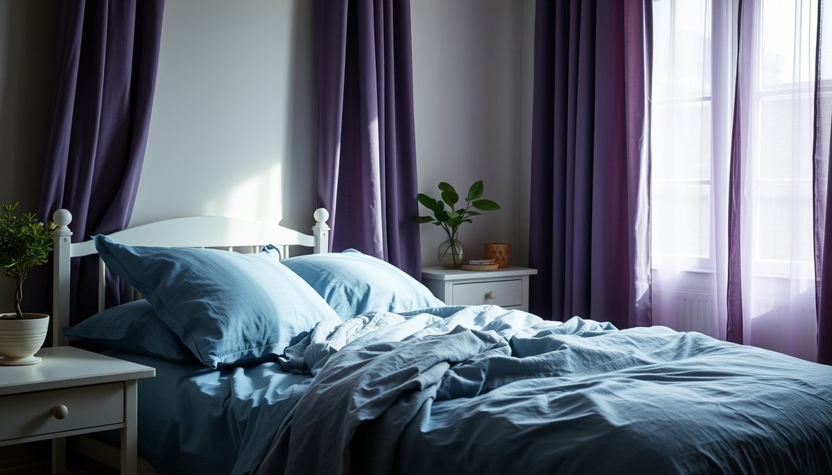 Habitación serena con colores fríos como azul, verde y lavanda creando atmósfera relajante y pacífica Dormitorio tranquilo decorado con tonos fríos azules y verdes
