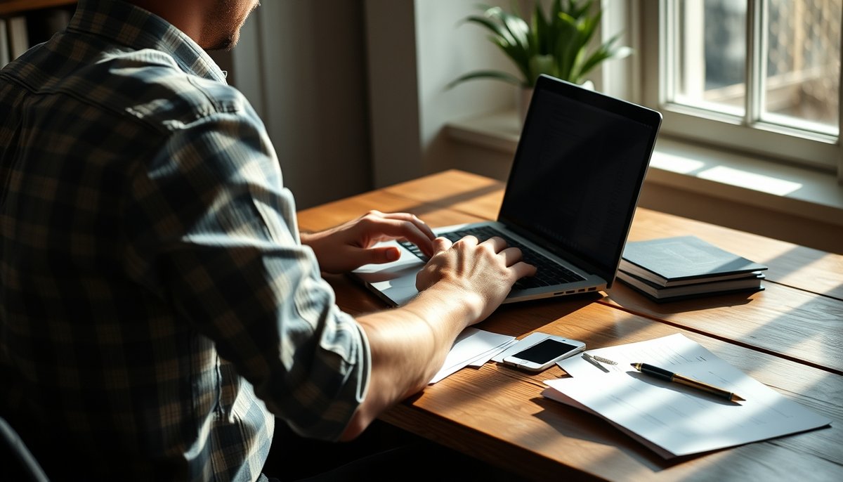 Fundador startup haciendo seguimiento post-pitch con laptop y contactos