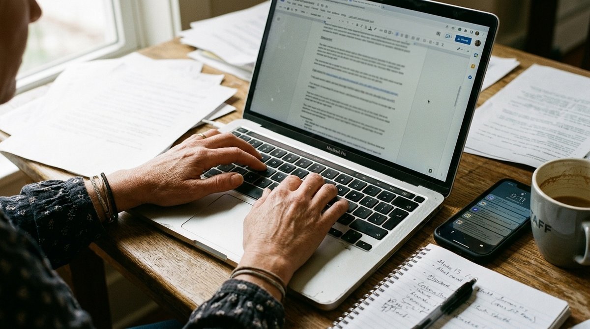 Manos escribiendo en laptop con interfaces de programas de afiliados de Shopify y Hostinger