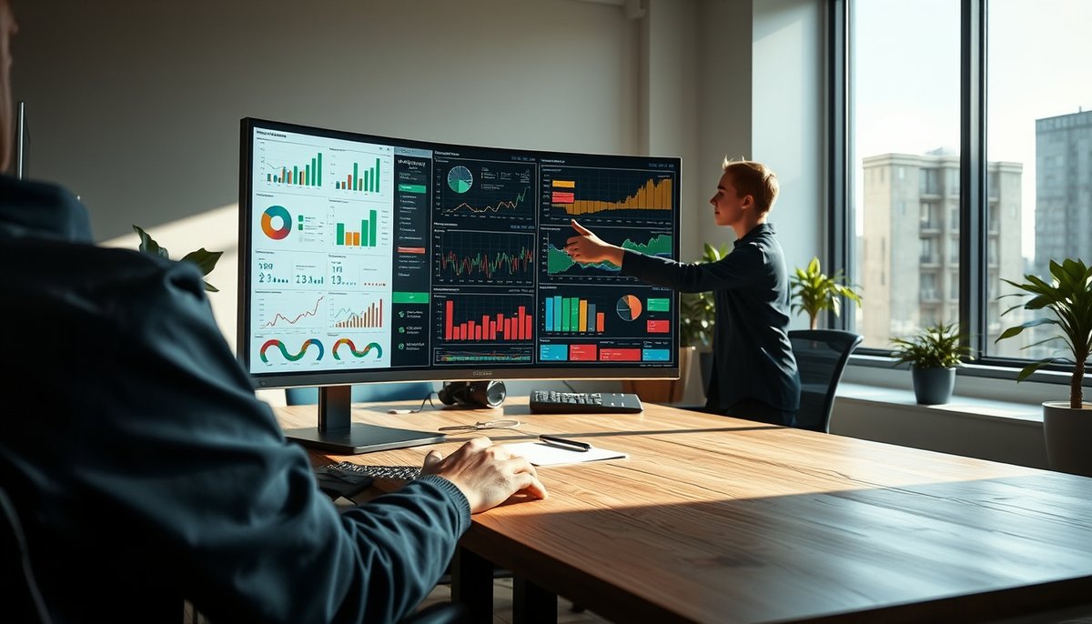 Análisis de datos de visitantes en interfaz de Google Analytics con gráficos demográficos y fuentes de tráfico Profesional analizando datos de tráfico web en Google Analytics