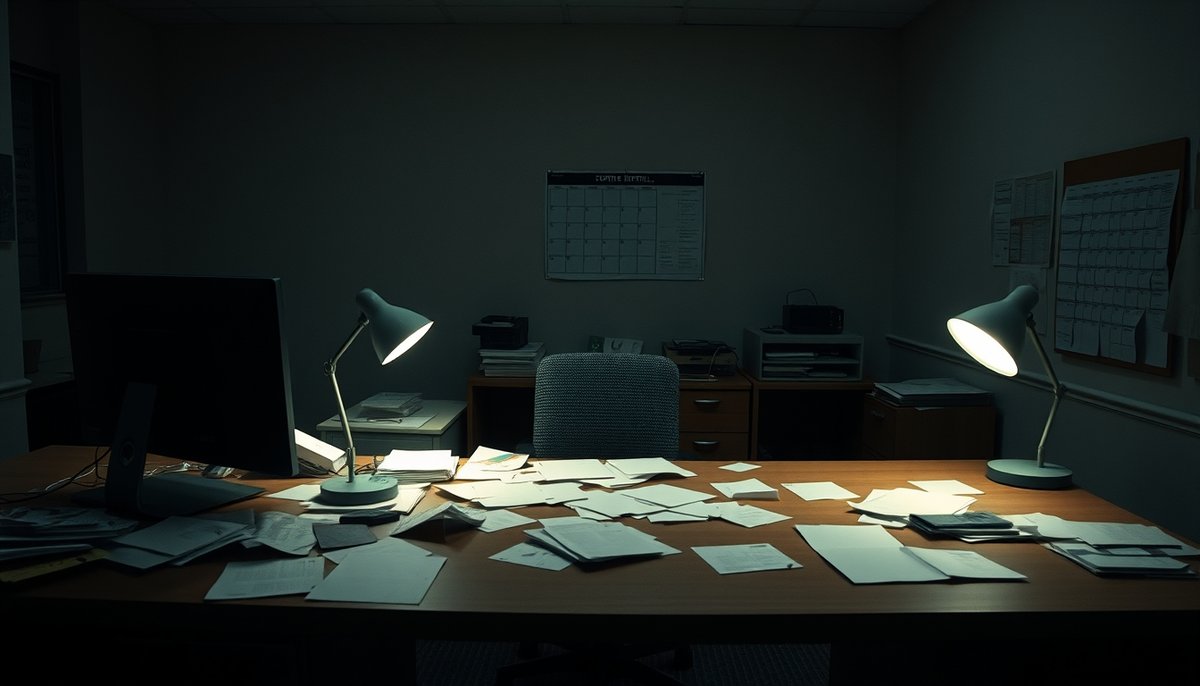 Espacio de trabajo abandonado con facturas pendientes y problemas de flujo de caja evidenciando dificultades operativas Oficina vacía con facturas impagadas y notificaciones de pagos vencidos en pantalla de ordenador