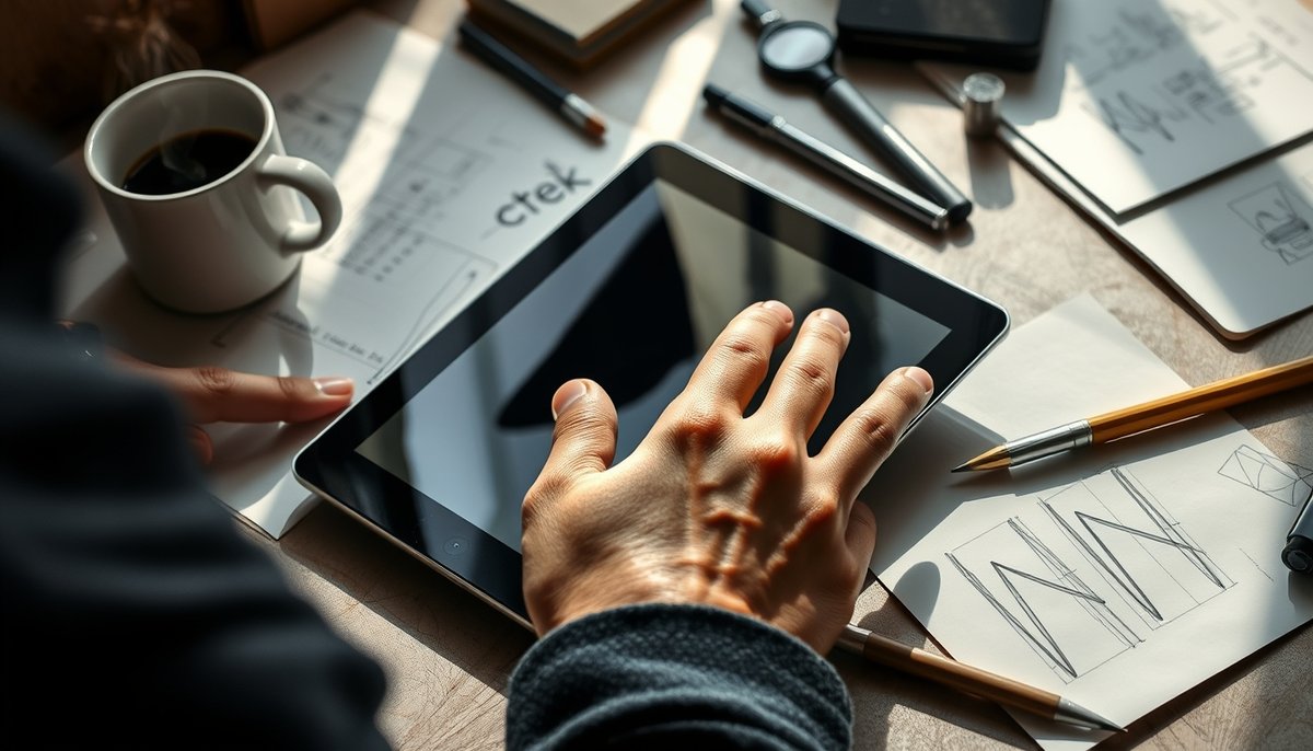 Diseñador usando Adobe Firefly AI para generar gráficos en tablet de alta resolución