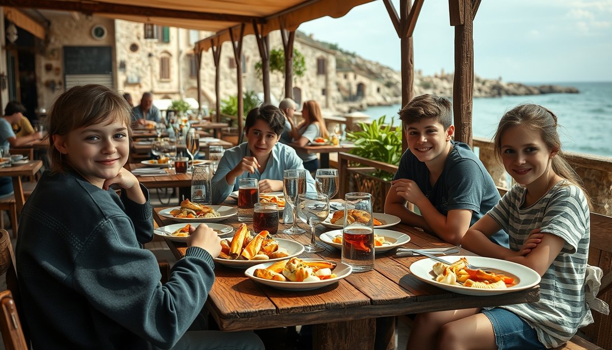 Jóvenes cenando caldero tabarquino en restaurante tradicional de Tabarca