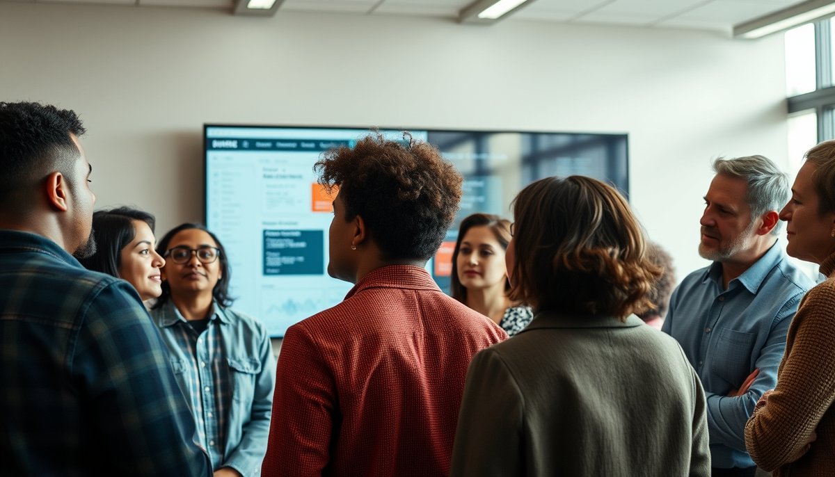 Business team collaborating and analyzing AI-generated project insights and performance analytics on wall-mounted conference room display Diverse team reviewing AI project analytics and insights on large conference room display screen
