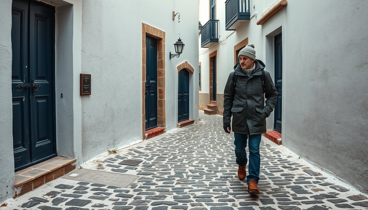 Viajero con ropa de invierno caminando por calles empedradas de Tabarca