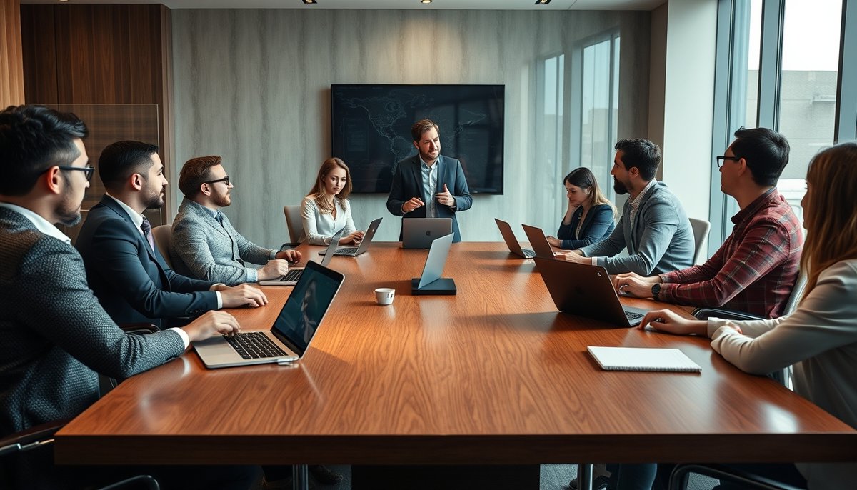 Reunión profesional entre emprendedores y family office en sala de juntas moderna