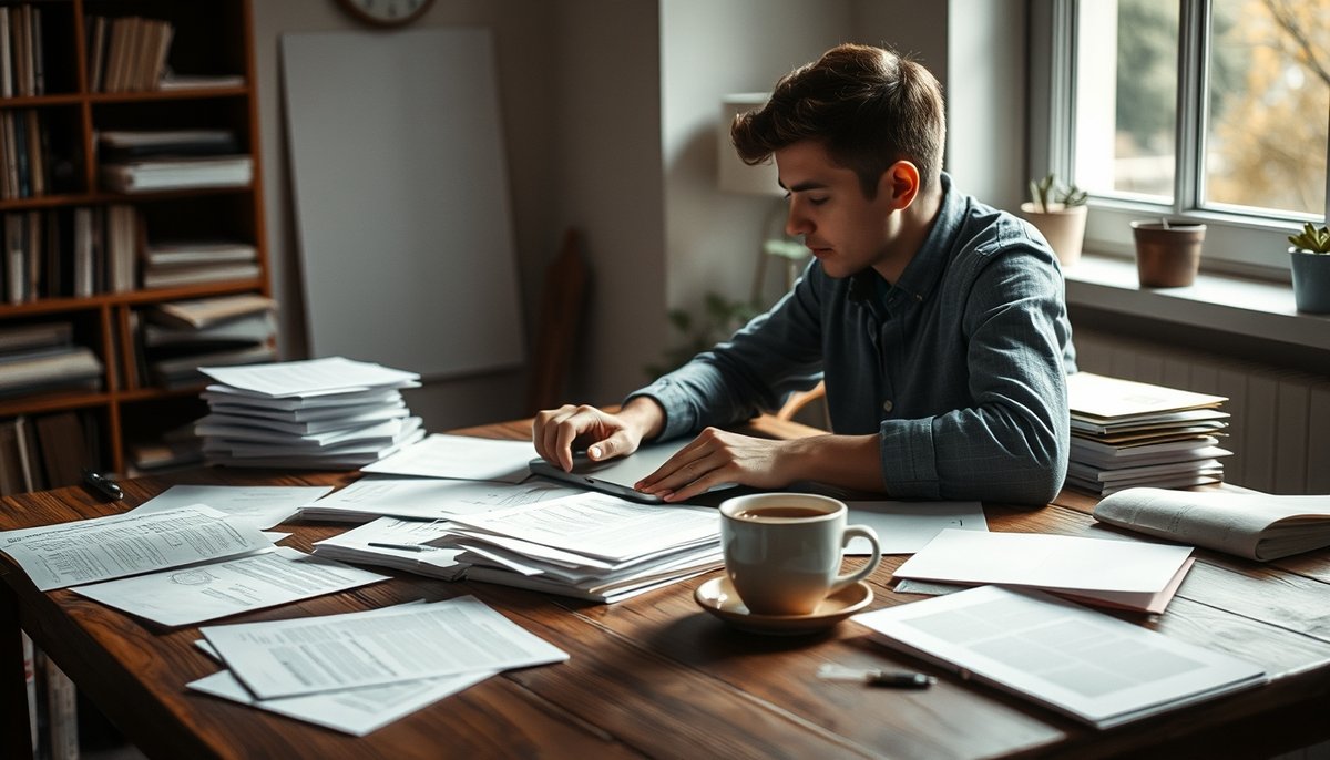 Emprendedor trabajando en plan financiero con Excel y documentos en escritorio moderno