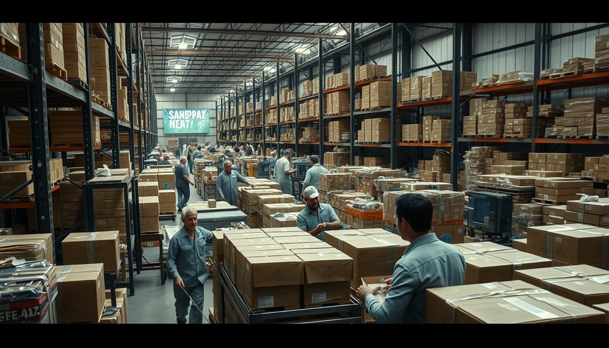 Centro logístico de e-commerce con trabajadores preparando envíos y pantallas digitales