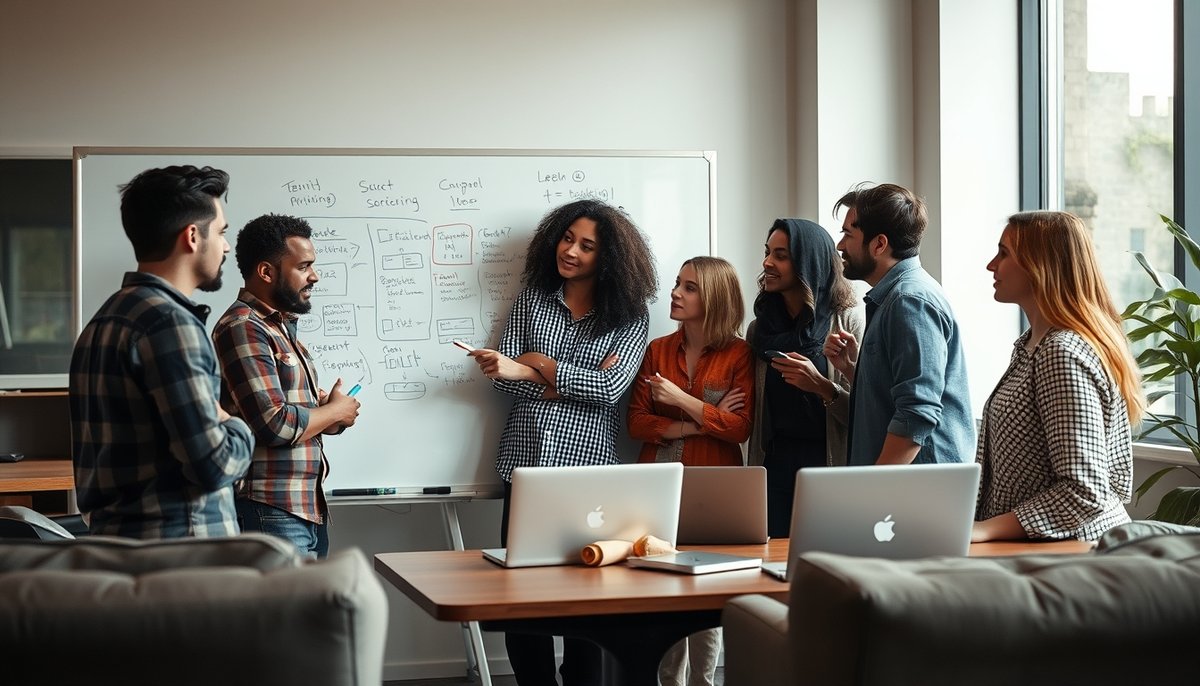 Equipo fundador de startup planificando estrategia en pizarra colaborativa