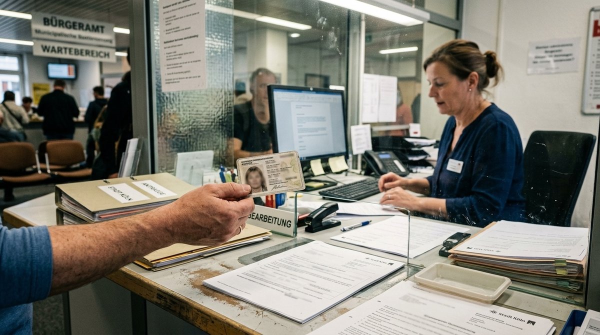 Recogida presencial de documento oficial en ventanilla de administración pública con DNI - Entrega física de licencia Ciudadano presentando DNI para recogida de licencia en oficina administrativa