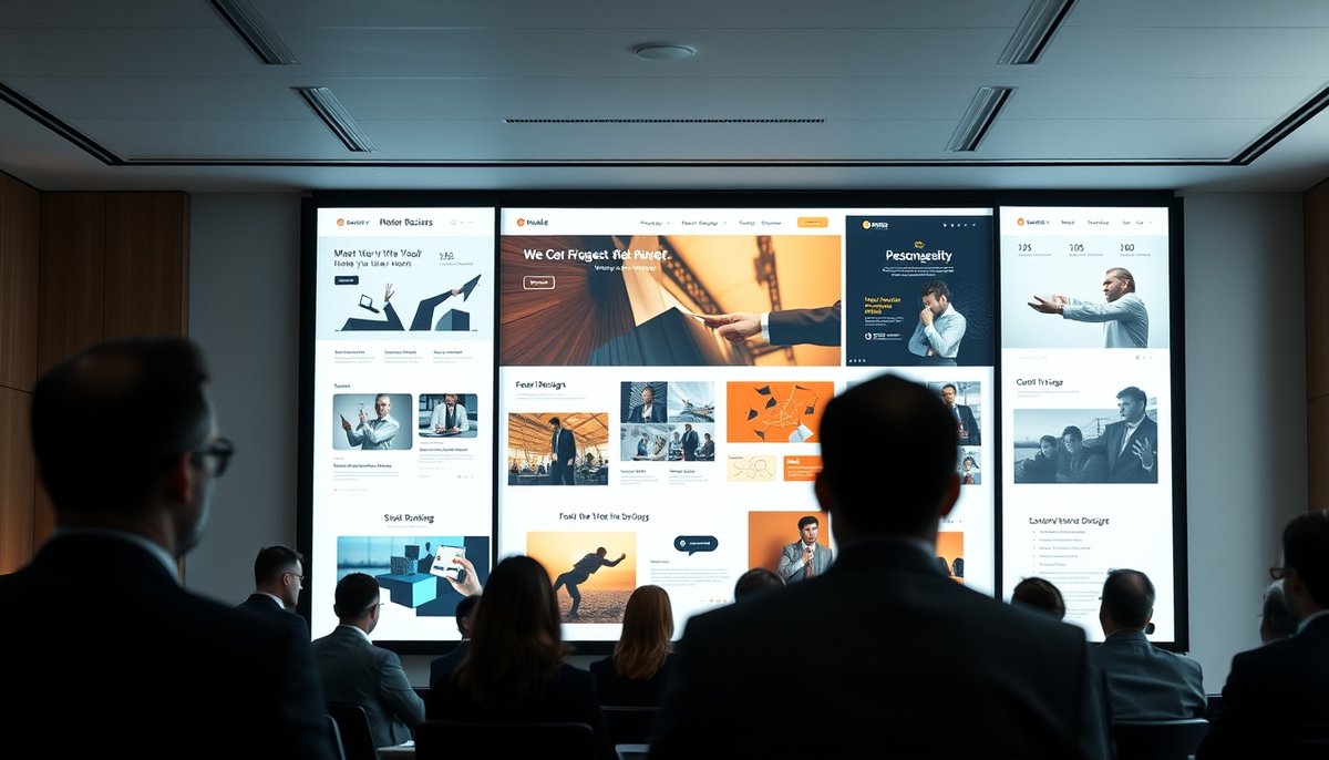 Sala de juntas empresarial con gran pantalla mostrando presentación de layouts web corporativos y elementos de branding profesional Sala reuniones con presentación diseños web corporativos en pantalla grande