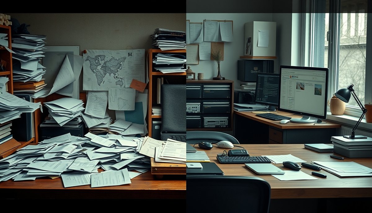 Transformación empresarial mostrando beneficios de escalabilidad y mejora en toma de decisiones con automatización Comparativa antes y después: caos manual vs automatización digital con gráficos de crecimiento