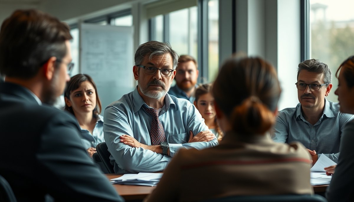 Momento emotivo donde consultor de reestructuración explica cambios organizacionales a trabajadores mostrando el lado humano del proceso Consultor comunicando cambios organizacionales a empleados preocupados durante reestructuración