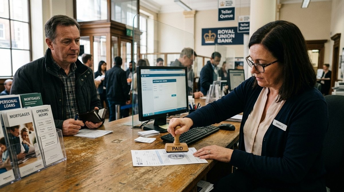 Validación y sellado oficial del Formulario 790 en ventanilla bancaria tras realizar el pago presencial de tasas Empleado bancario sellando Formulario 790 tras pago de tasas administrativas en España