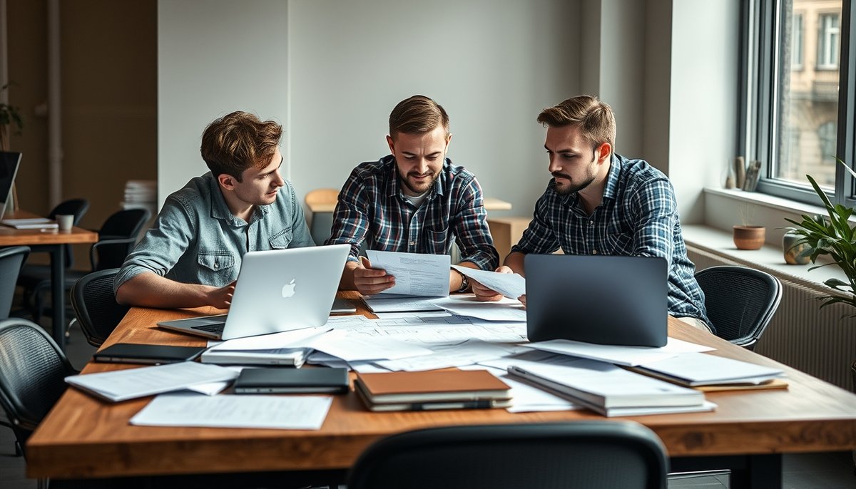 Equipo fundador trabajando en unidad en la planificación estratégica, elemento clave para el éxito en rondas de financiación Tres cofundadores de startup colaborando en planificación estratégica y documentos de visión