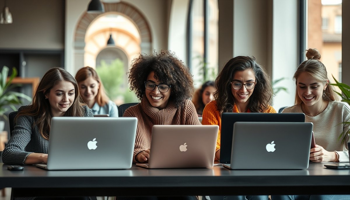 Oficina startup española en Barcelona con equipo diverso trabajando en proyectos