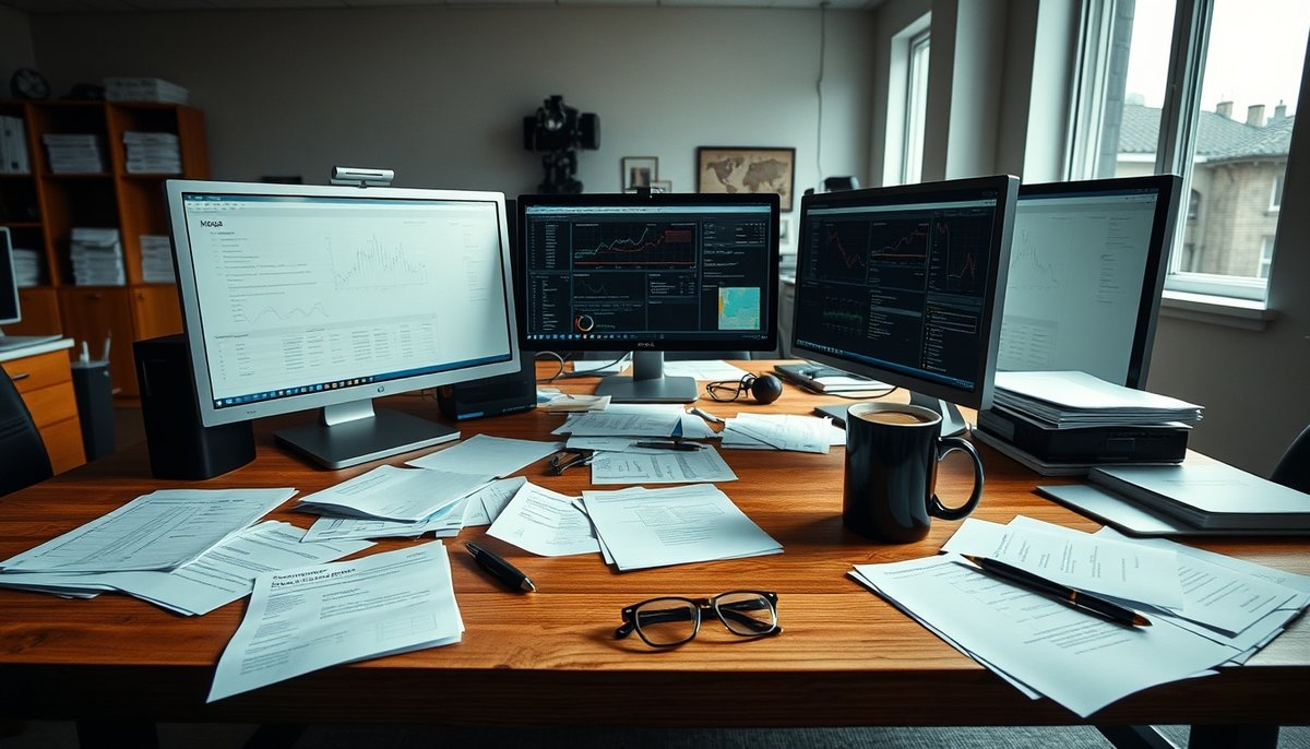 Analista investigando mercado con gráficos y datos en múltiples monitores