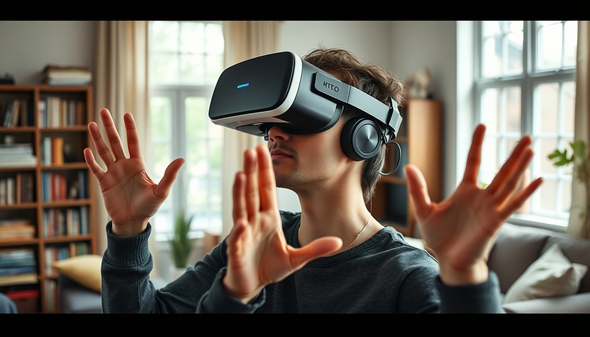 Persona con VR headset interactuando con aplicación WebXR inmersiva en casa