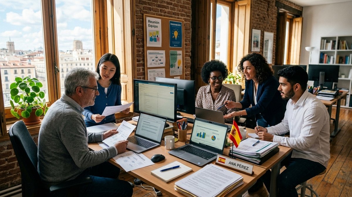 Equipo multicultural trabajando en entorno laboral español - Integración y regularización por arraigo laboral Trabajadores diversos colaborando en oficina española durante proceso de arraigo laboral