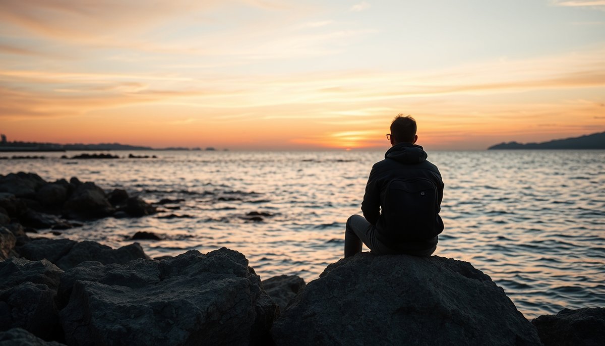 Atardecer invernal en Tabarca con visitante contemplando el horizonte mediterráneo