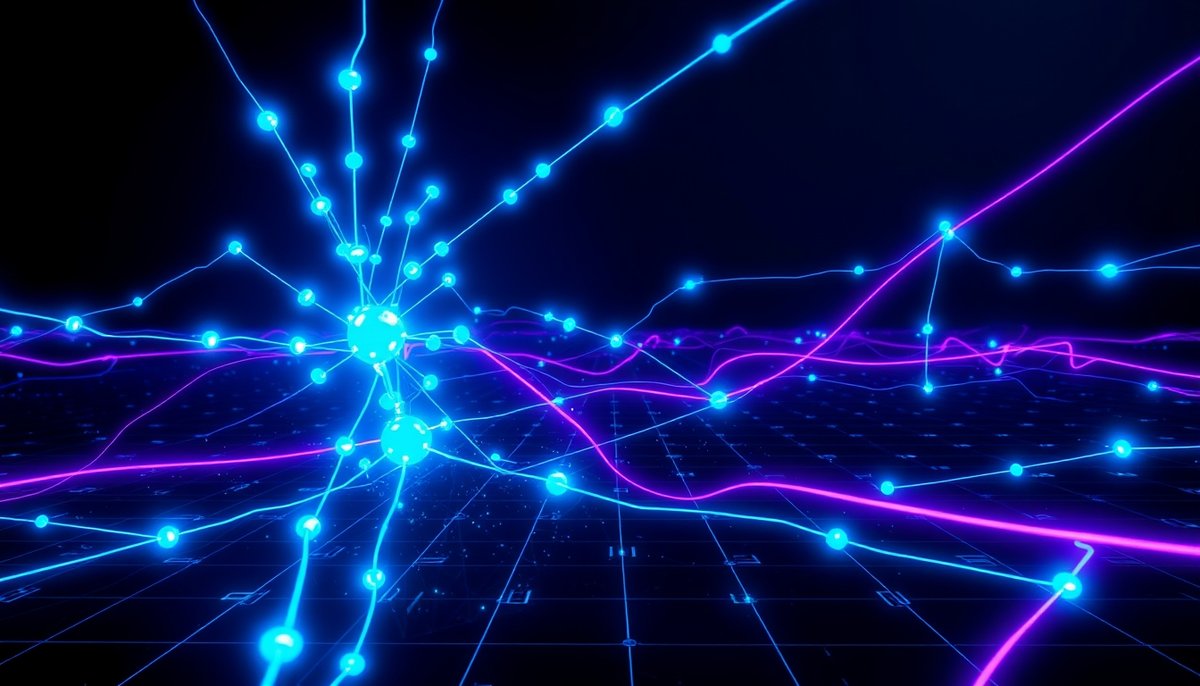 Red Bitcoin descentralizada con nodos conectados por streams de datos neón