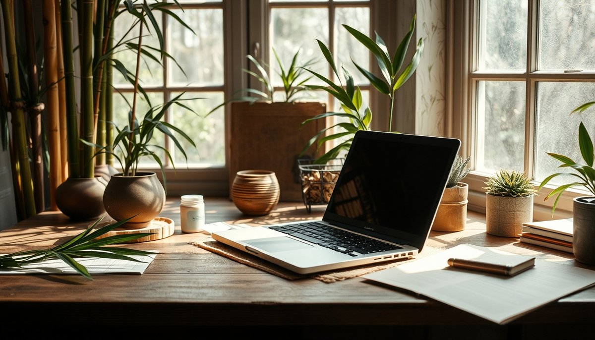 Análisis Website Carbon en laptop con elementos ecológicos y sostenibles