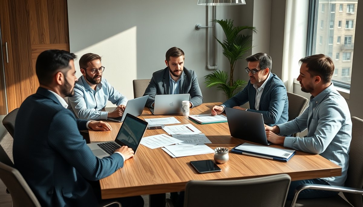 Professional advisory session between entrepreneurs and investment consultants reviewing business valuation Startup consultation meeting with financial advisors and valuation tools