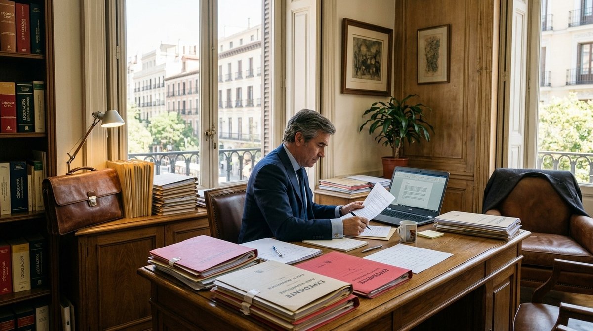 Oficina profesional de abogado especializado en extranjería en Madrid mostrando documentos de inmigración y herramientas de trabajo legal Despacho de abogado de extranjería en Madrid con documentos legales y formularios oficiales