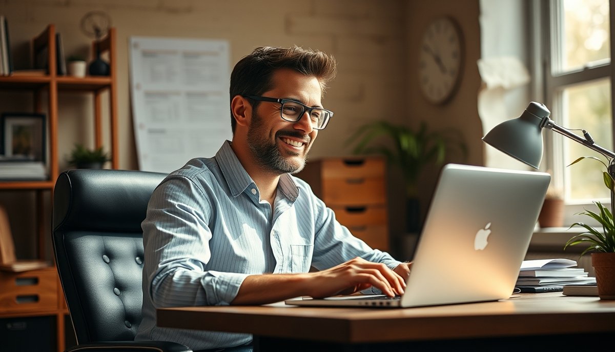 Éxito en selección de dominio: empresario disfrutando de su sitio web con nombre perfecto elegido Emprendedor satisfecho viendo su sitio web con dominio elegido funcionando correctamente