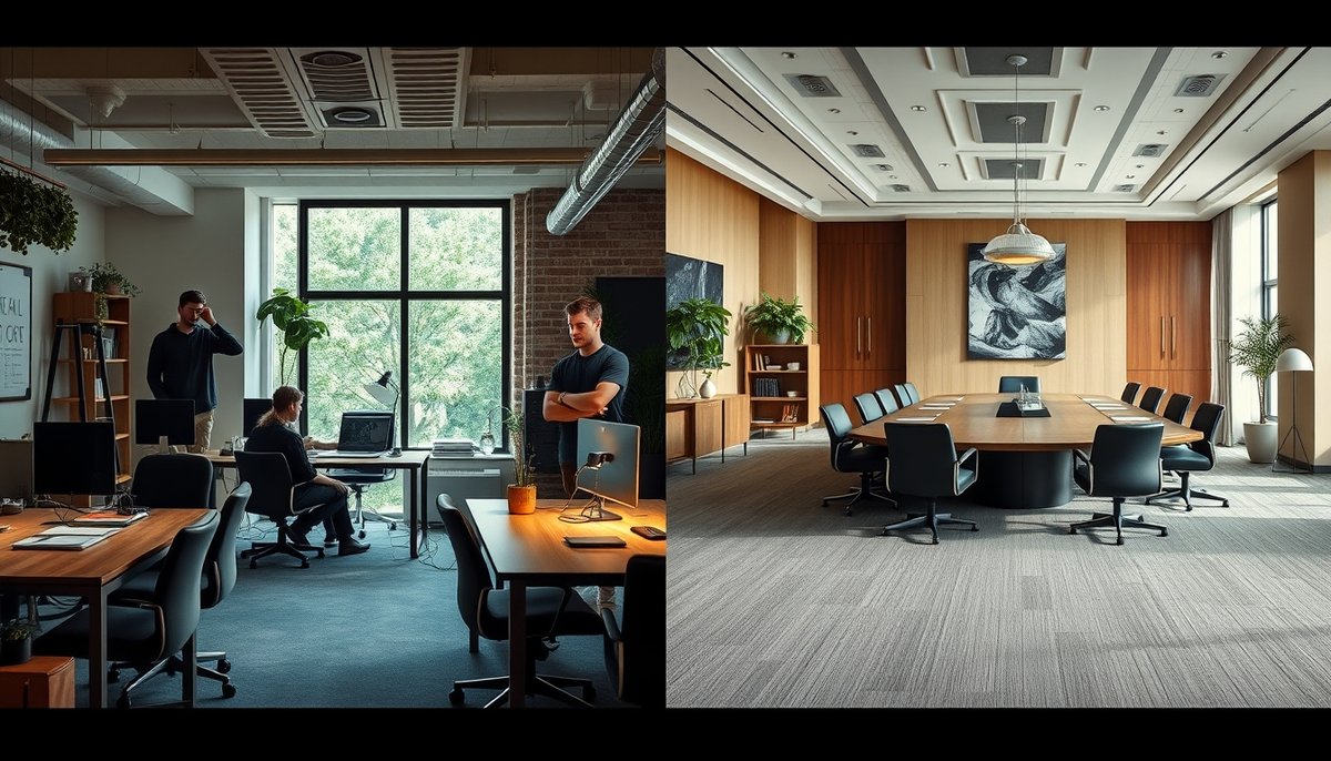 Comparación visual oficina startup vs sala corporativa mostrando diferencias VC y PE